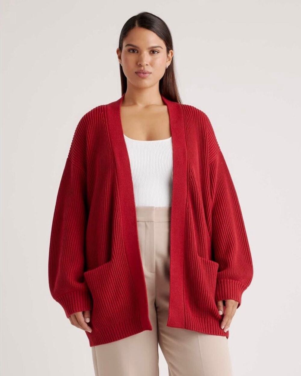 QUINCE 100% Organic Cotton Oversized Cardigan in Deep Red